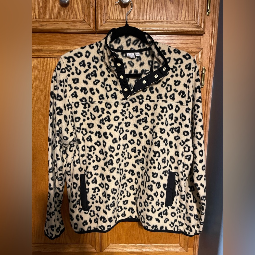 Leopard print fleece 1/4 button up pullover